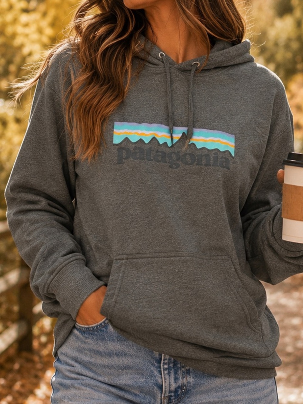Women’s Patagonia Dark Gray Pullover Hoodie with Multicolor Stripe Logo